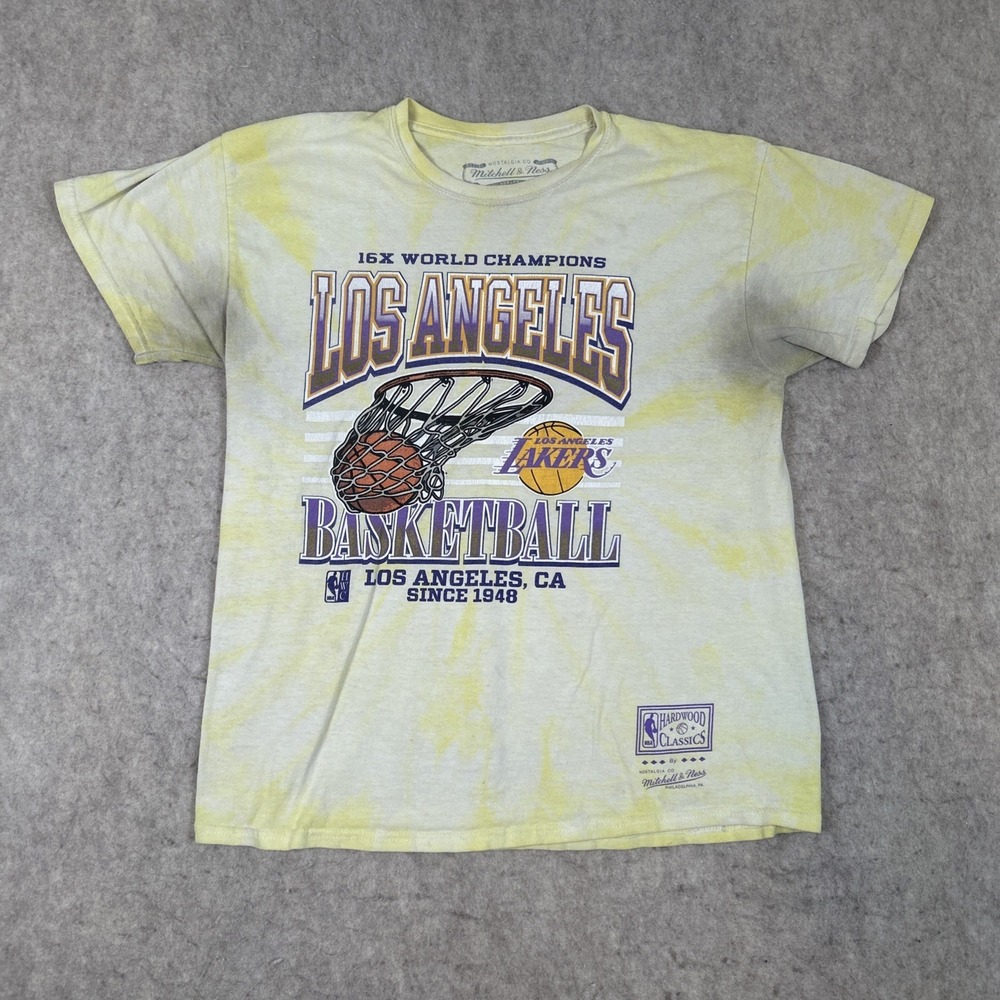 Mitchell & Ness LA Lakers Shirt Mens L World Champs Yellow Tie Dye NBA Ball